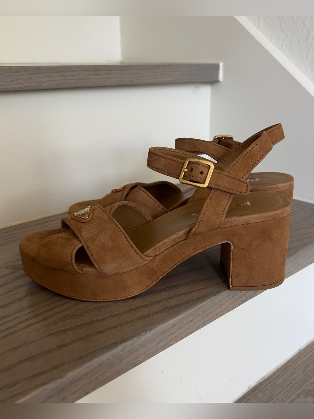 Prada Triangle Suede Platform Sandals in Camel Brown NWOB - Picture 7 of 12
